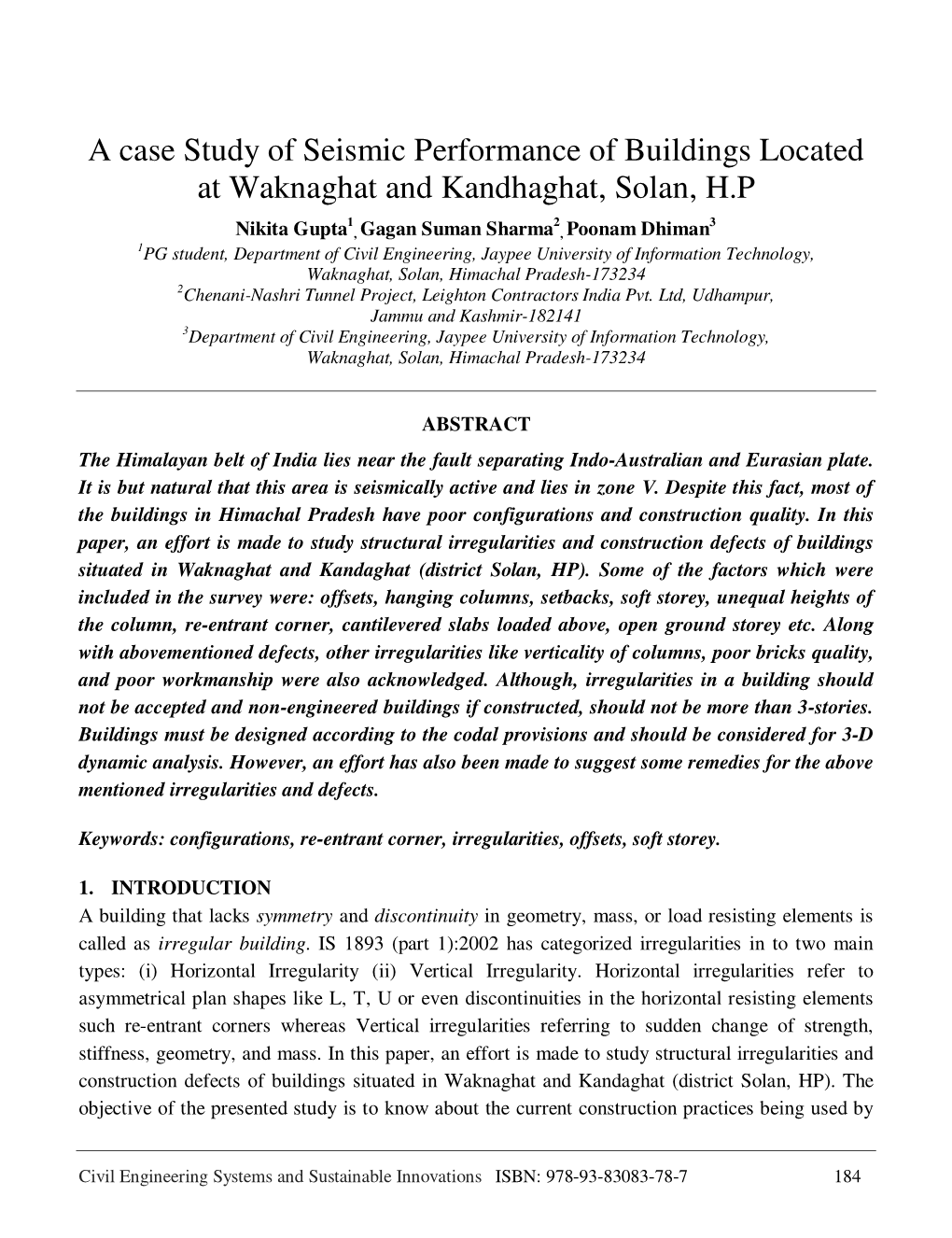 A Case Study of Seismic Performance of Buildings Located at Waknaghat