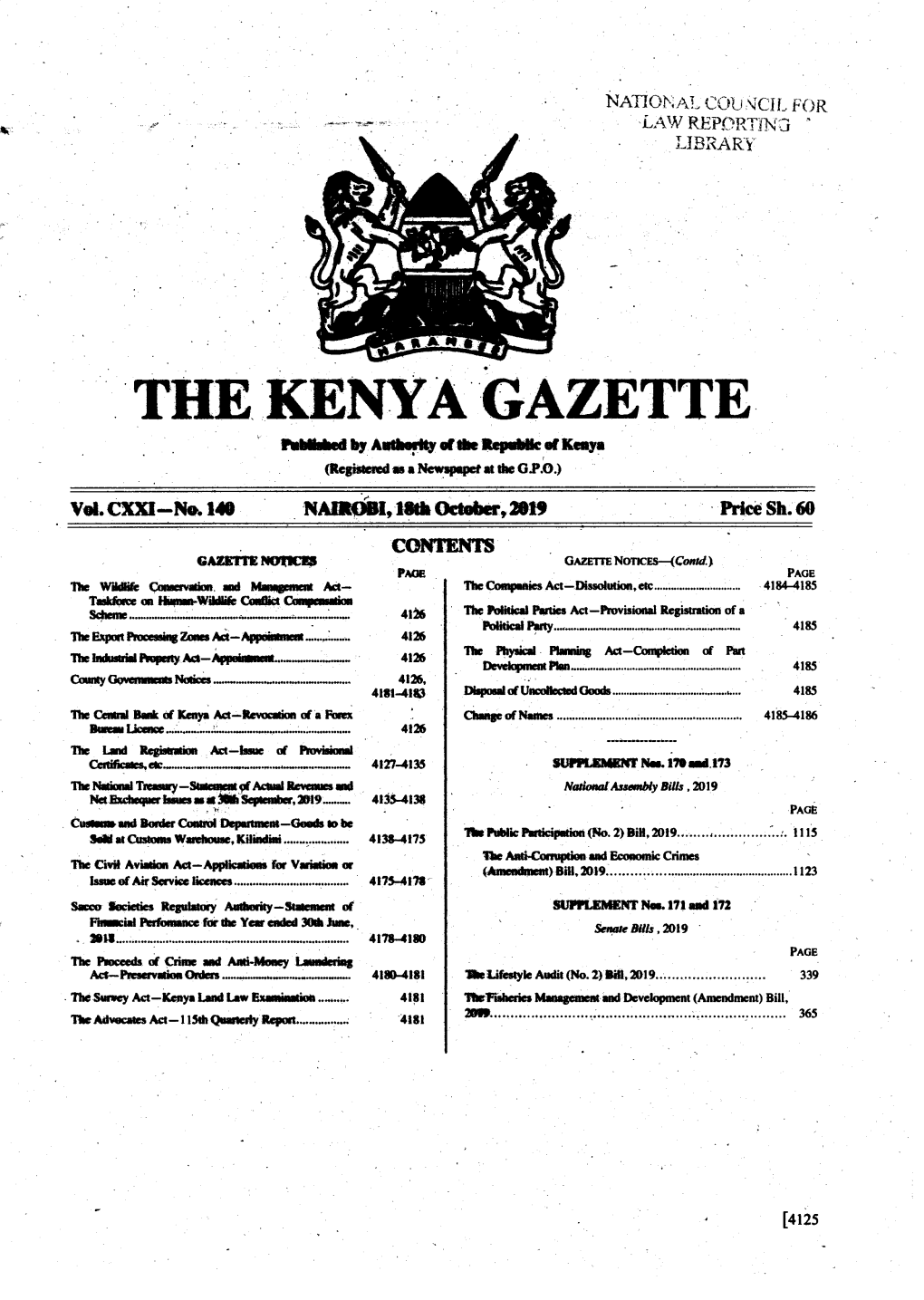 THE KENYA GAZETTE Published by Authority of the Republic of Kenya (Registered As a Newspapet at the GP O.) � Vol