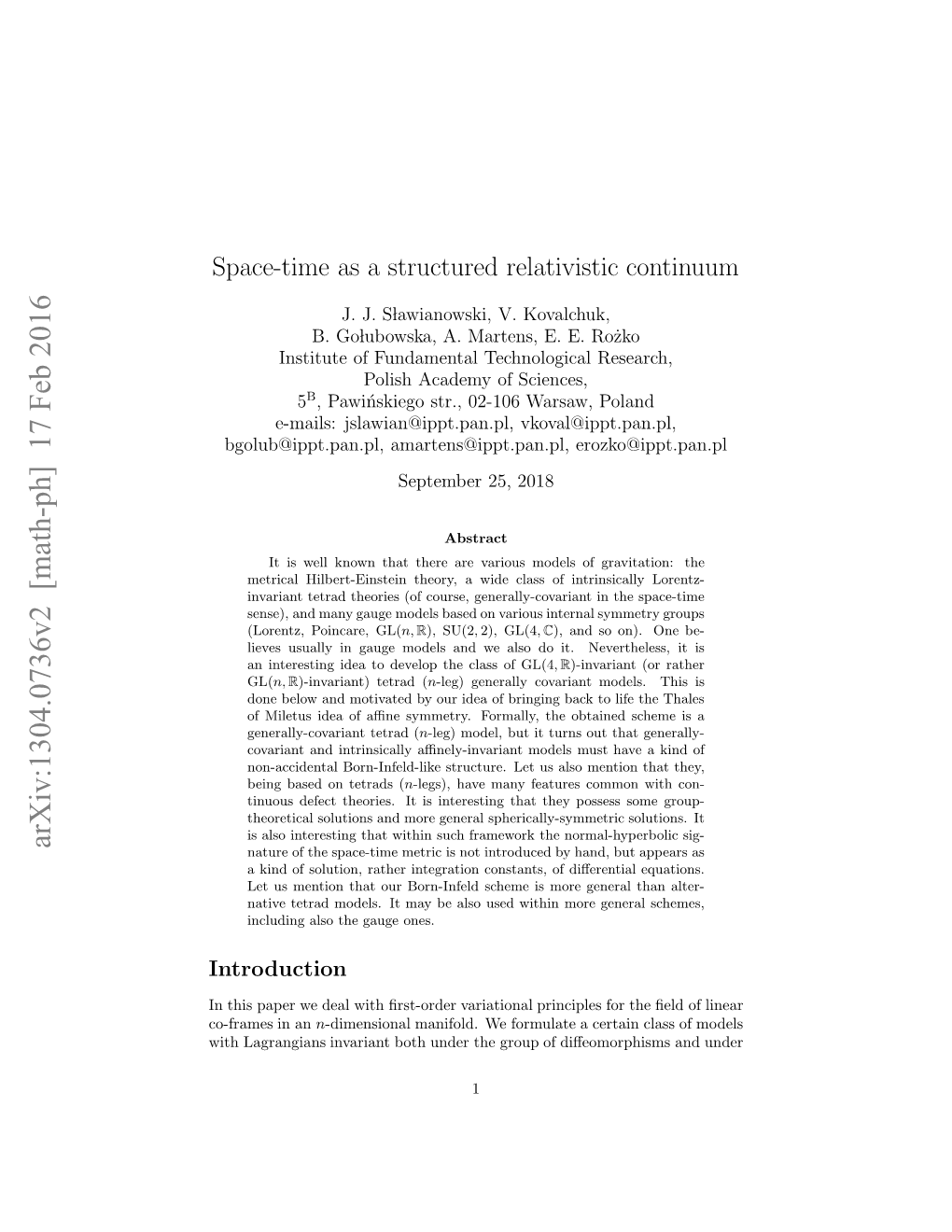 Space-Time As a Structured Relativistic Continuum