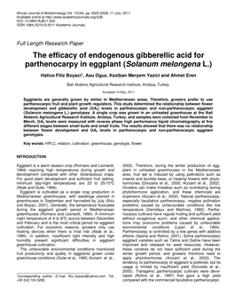 The Efficacy of Endogenous Gibberellic Acid for Parthenocarpy in Eggplant (Solanum Melongena L.)