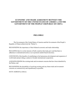 Economic and Trade Agreement Between the Government of the United States of America and the Government of the People’S Republic of China