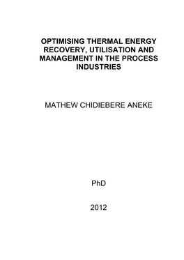 Phd Thesis Optimising Thermal Energy Recovery, Utilisation And