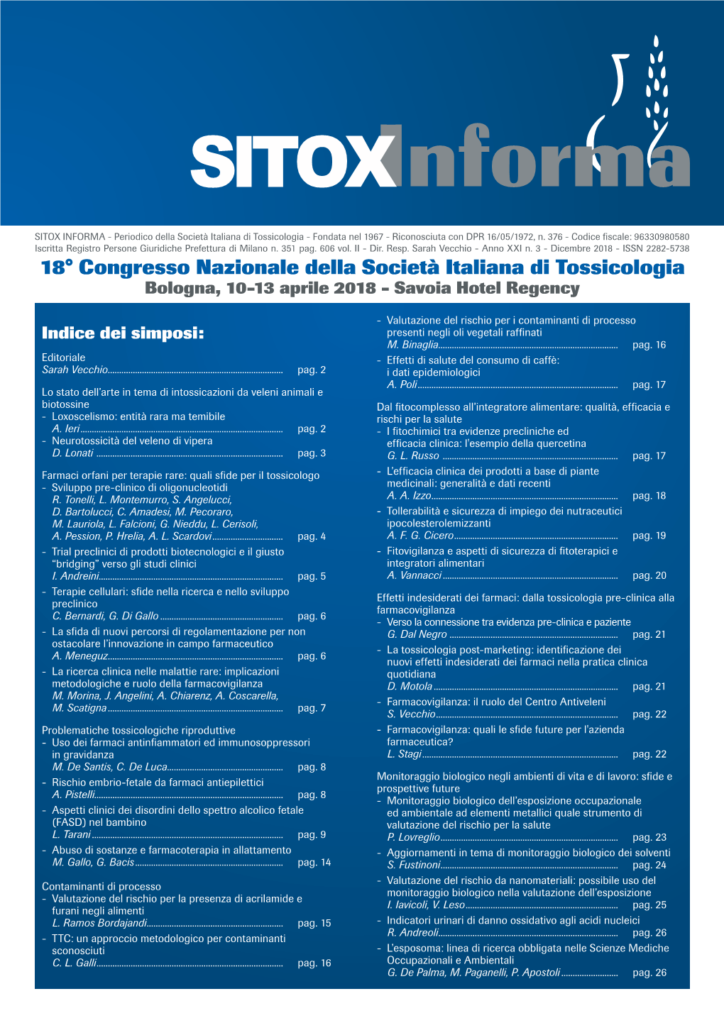 18° Congresso Nazionale Della Società Italiana Di Tossicologia Bologna, 10-13 Aprile 2018 - Savoia Hotel Regency