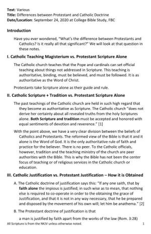 Introduction I. Catholic Teaching Magisterium Vs. Protestant Scripture