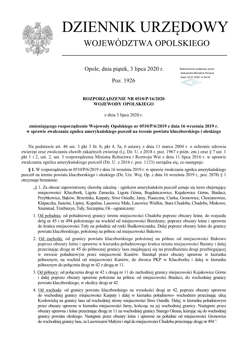 Rozporządzenie Wojewody Opolskiego Z Dnia 3 Lipca 2020R