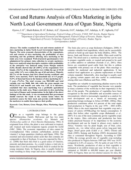 Cost and Returns Analysis of Okra Marketing in Ijebu North Local Government Area of Ogun State, Nigeria