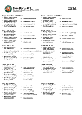 Roland Garros 2016 Schedule for Day 6: Friday, 27 May, 2016 Revised (Court Change)