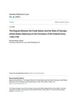 The Dispute Between the Creek Nation and the State of Georgia: United States Diplomacy in the Formation of the Federal Union, 1784-1790