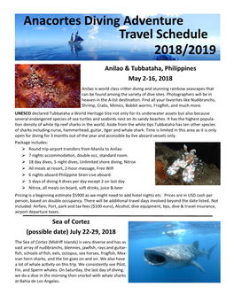 2018/2019 Travel Schedule Anacortes Diving Adventure