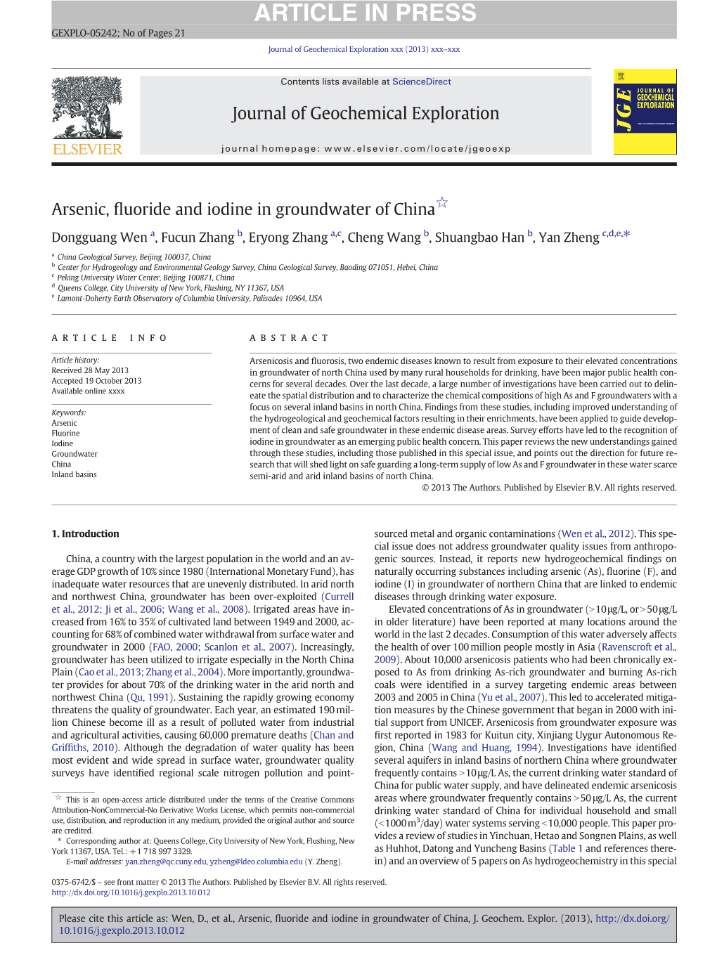 Arsenic, Fluoride and Iodine in Groundwater of China