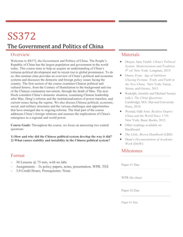 The Government and Politics of China Overview Materials Welcome to SS372, the Government and Politics of China