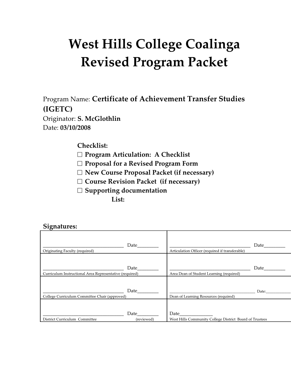 Revised Program Packet