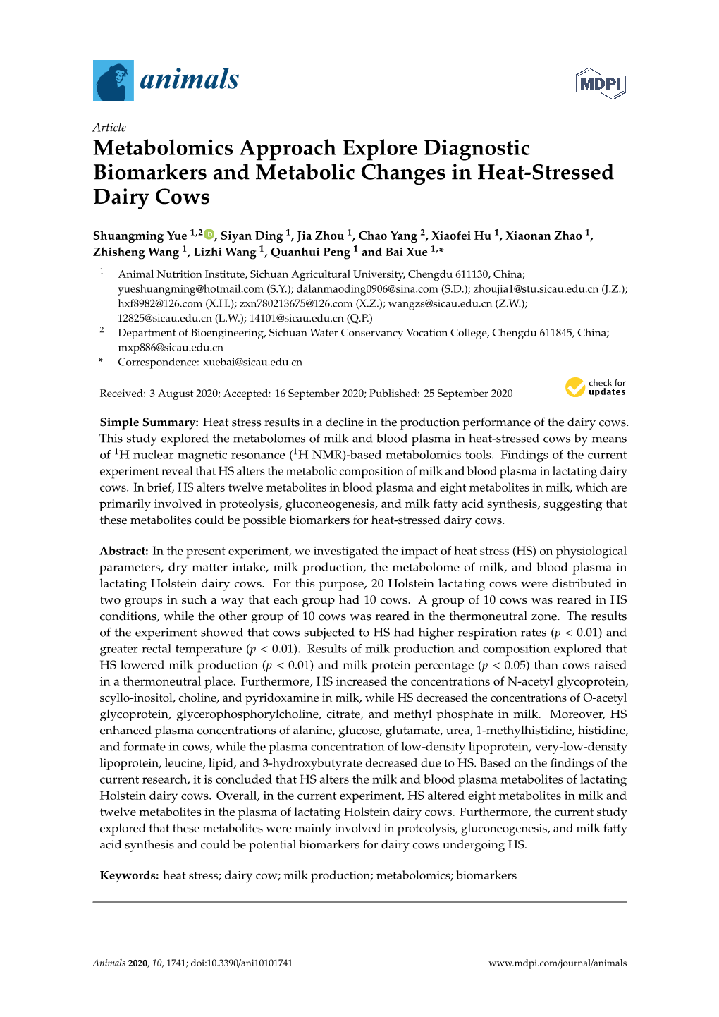 Metabolomics Approach Explore Diagnostic Biomarkers and Metabolic Changes in Heat-Stressed Dairy Cows