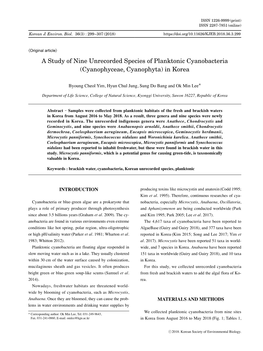 A Study of Nine Unrecorded Species of Planktonic Cyanobacteria (Cyanophyceae, Cyanophyta) in Korea