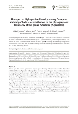 Unexpected High Species Diversity Among European Stalked Puffballs – a Contribution to the Phylogeny and Taxonomy of the Genus Tulostoma (Agaricales)