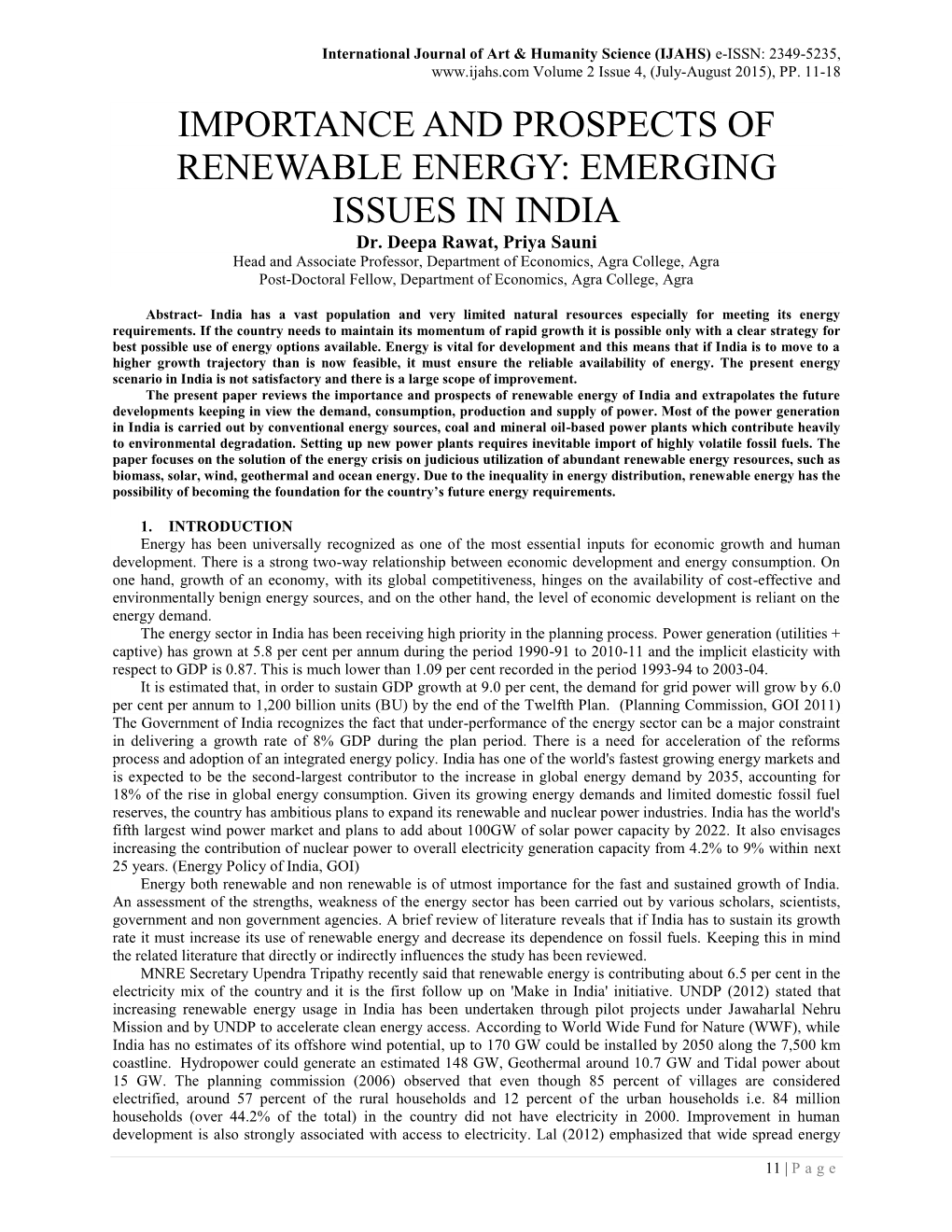 IMPORTANCE and PROSPECTS of RENEWABLE ENERGY: EMERGING ISSUES in INDIA Dr