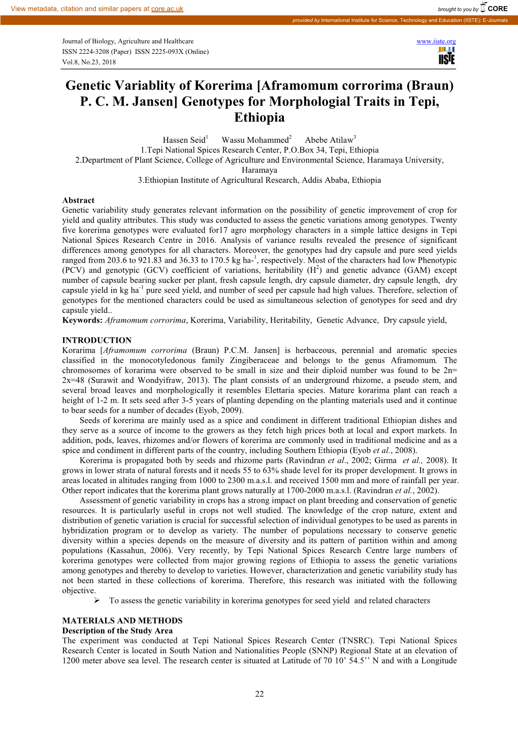 Genetic Variablity of Korerima [Aframomum Corrorima (Braun) P