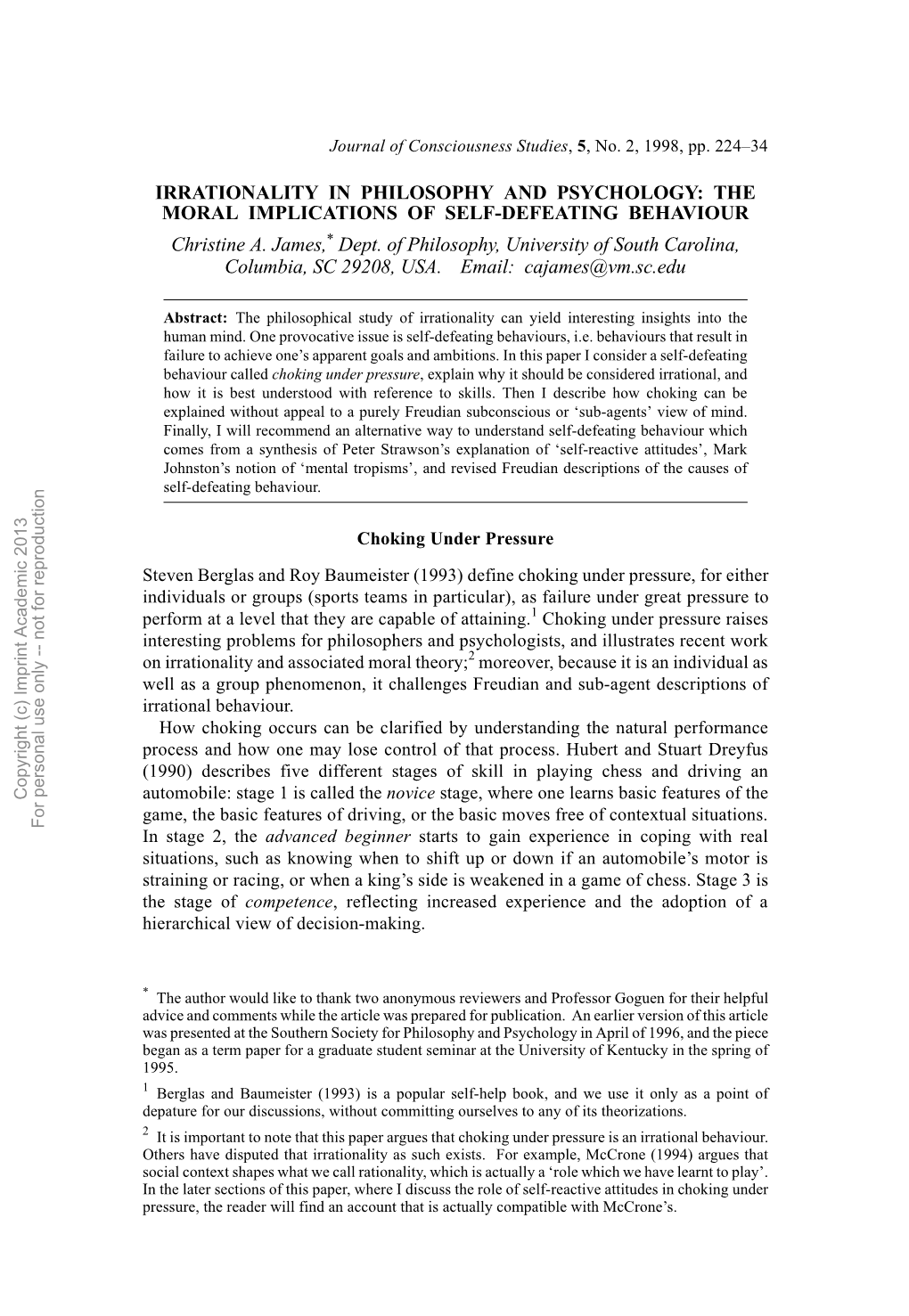 IRRATIONALITY in PHILOSOPHY and PSYCHOLOGY: the MORAL IMPLICATIONS of SELF-DEFEATING BEHAVIOUR Christine A