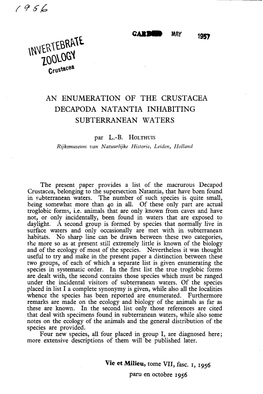 An Enumeration of the Crustacea Decapoda Natantia Inhabiting Subterranean Waters