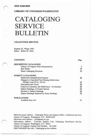 Cataloging Service Bulletin 063, Winter 1994