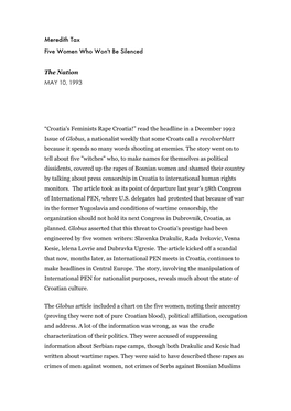 Meredith Tax Five Women Who Won't Be Silenced the Nation MAY 10, 1993 “Croatia's Feminists Rape Croatia!” Read the Headline