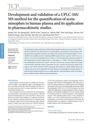 Development and Validation of a UPLC-MS/ MS Method for the Quantification of Aceta- Minophen in Human Plasma and Its Application