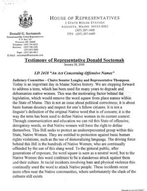 Testimony of Representative Donald Soctomah January 28