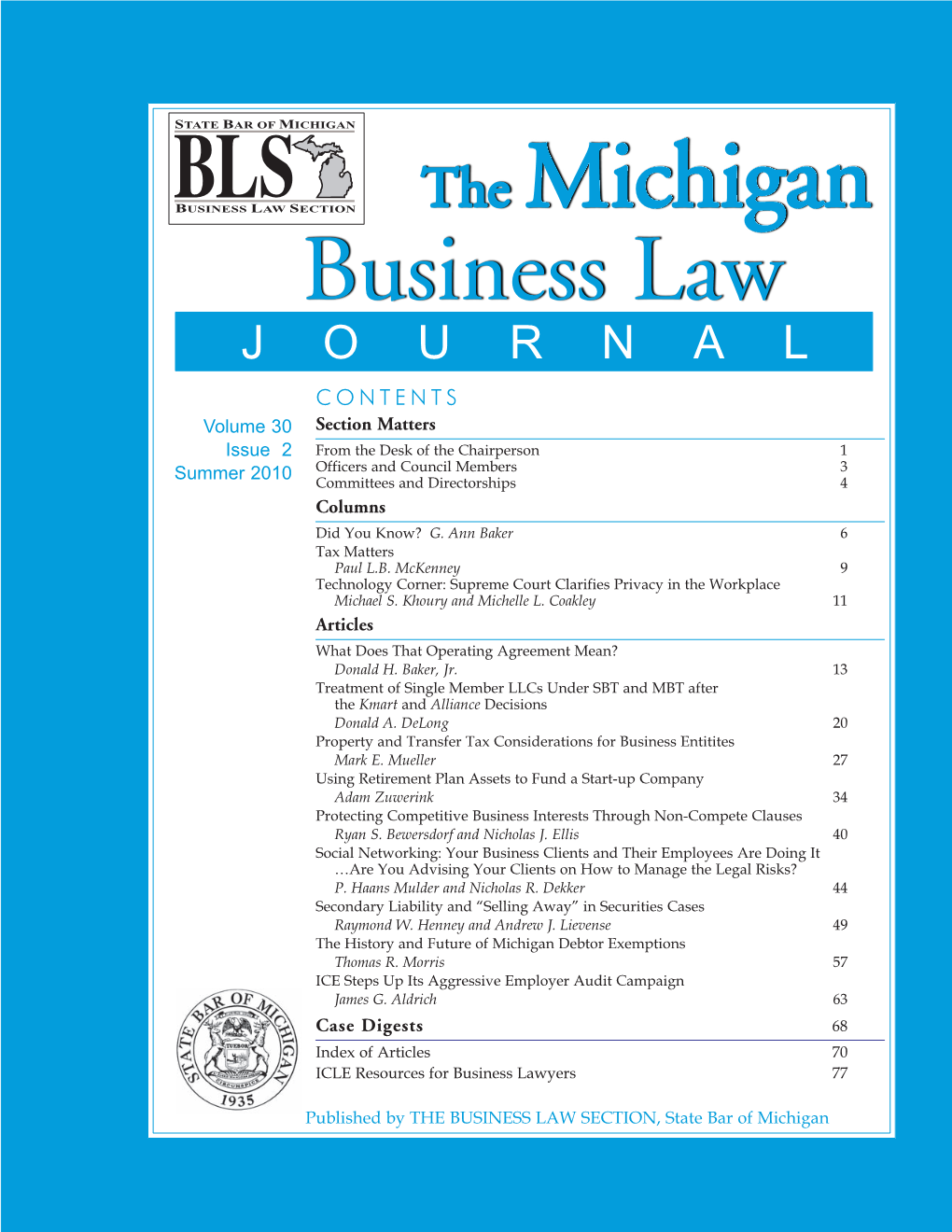 Michigan Business Law Journal Summer 2010