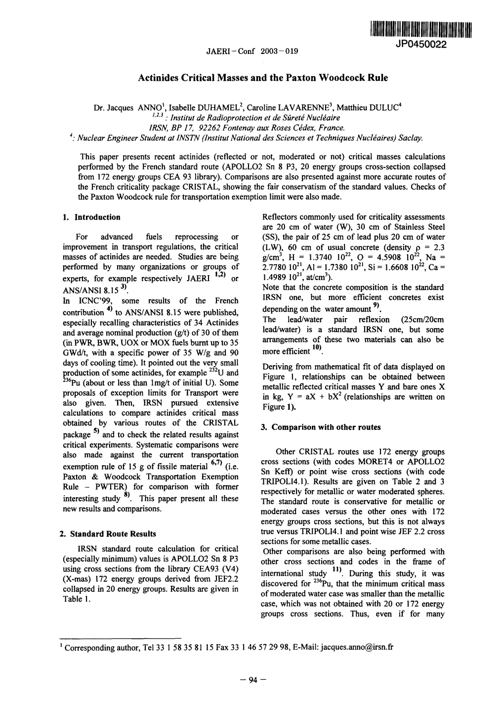 Actinides Critical Masses and the Paxton Woodcock Rule