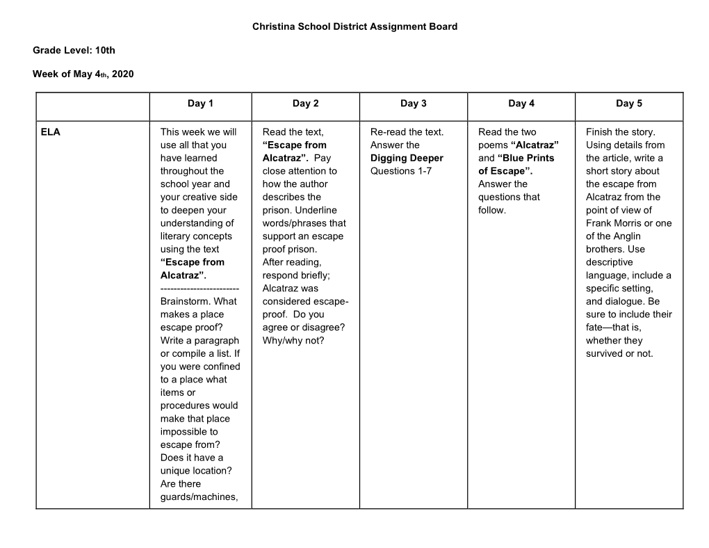 Christina School District Assignment Board Grade Level