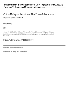 China‑Malaysia Relations: the Three Dilemmas of Malaysian Chinese