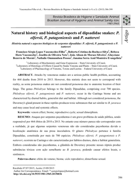 Natural History and Biological Aspects of Dipsadidae Snakes: P. Olfersii, P