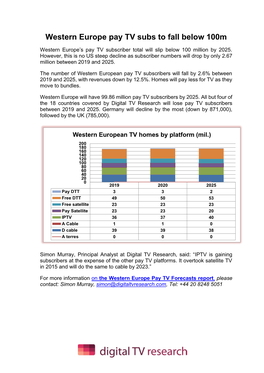Western Europe Pay TV Subs to Fall Below 100M