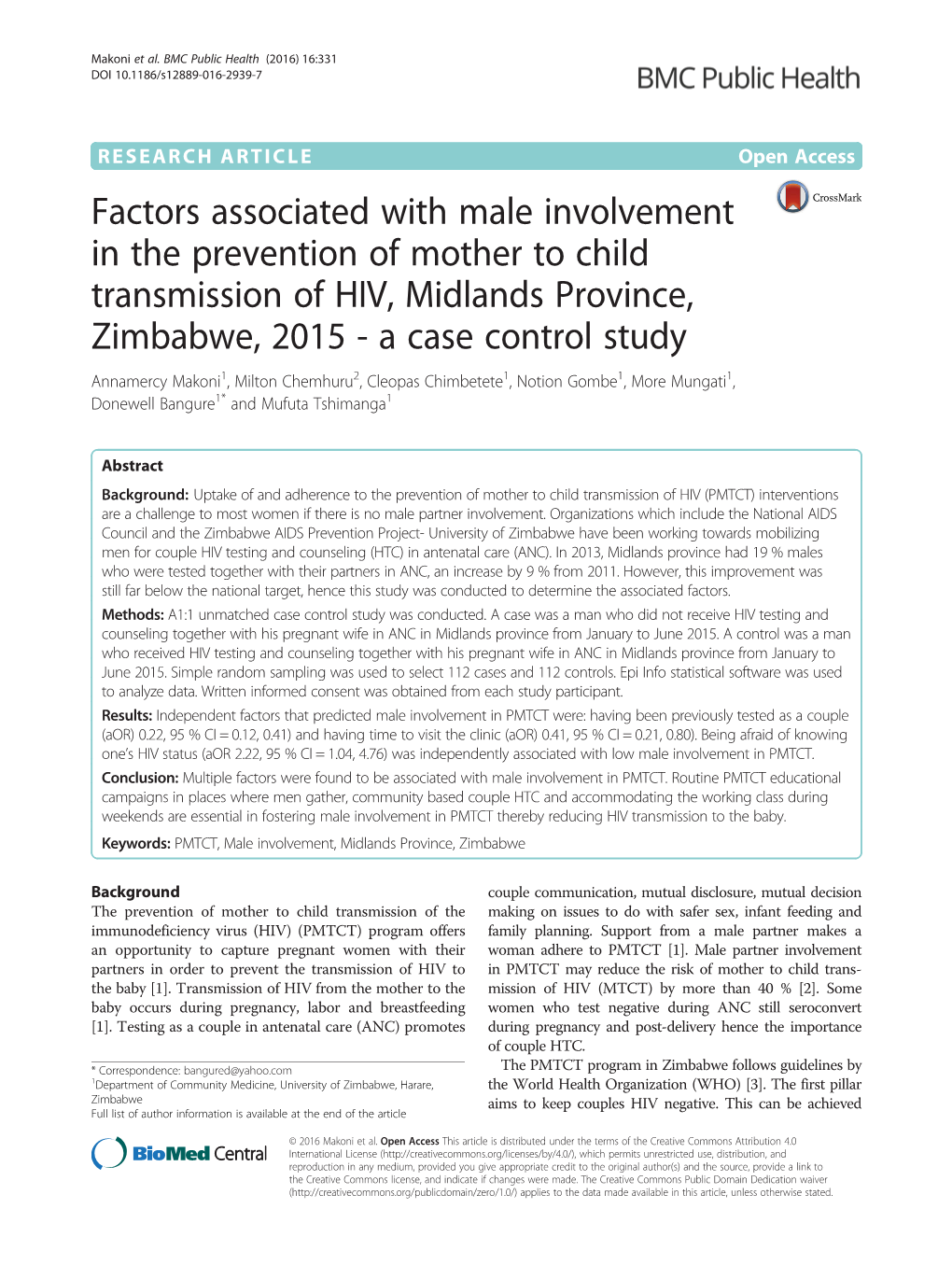 Factors Associated with Male Involvement in the Prevention Of