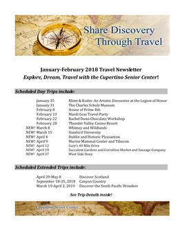 January-February 2018 Travel Newsletter Explore, Dream, Travel with the Cupertino Senior Center!