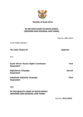 Republic of South Africa in the HIGH COURT of SOUTH