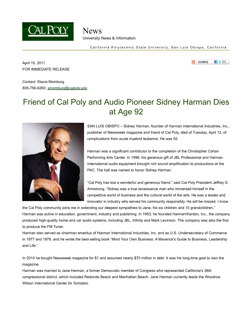 Friend of Cal Poly and Audio Pioneer Sidney Harman Dies at Age 92