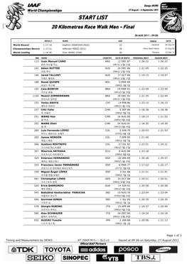 START LIST 20 Kilometres Race Walk Men - Final