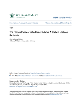 The Foreign Policy of John Quincy Adams: a Study in Lockean Synthesis