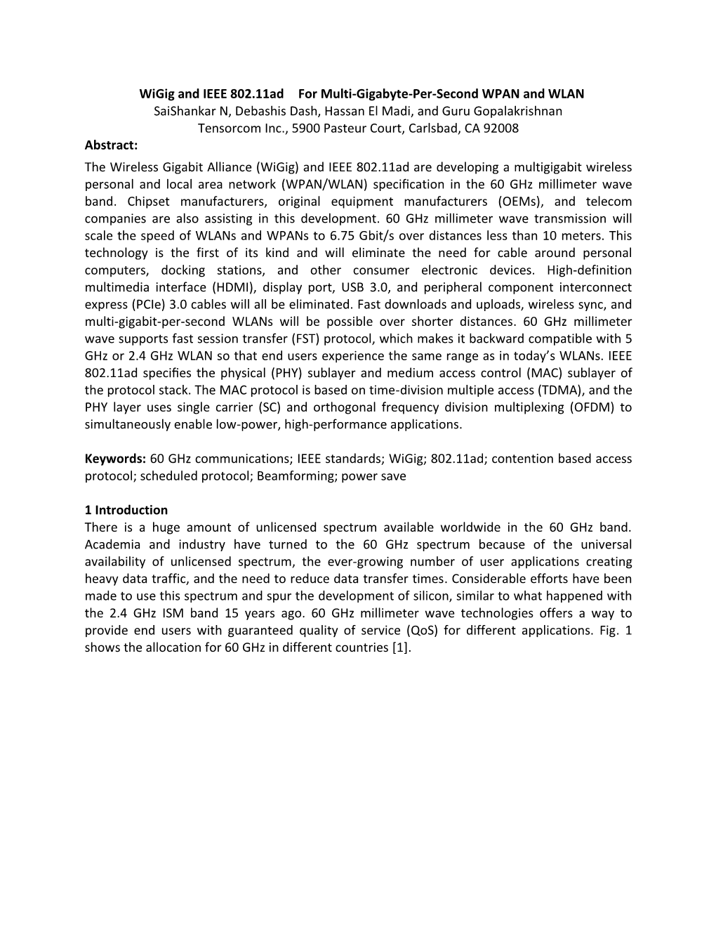 Wigig and IEEE 802.11Ad for Multi-Gigabyte-Per-Second WPAN