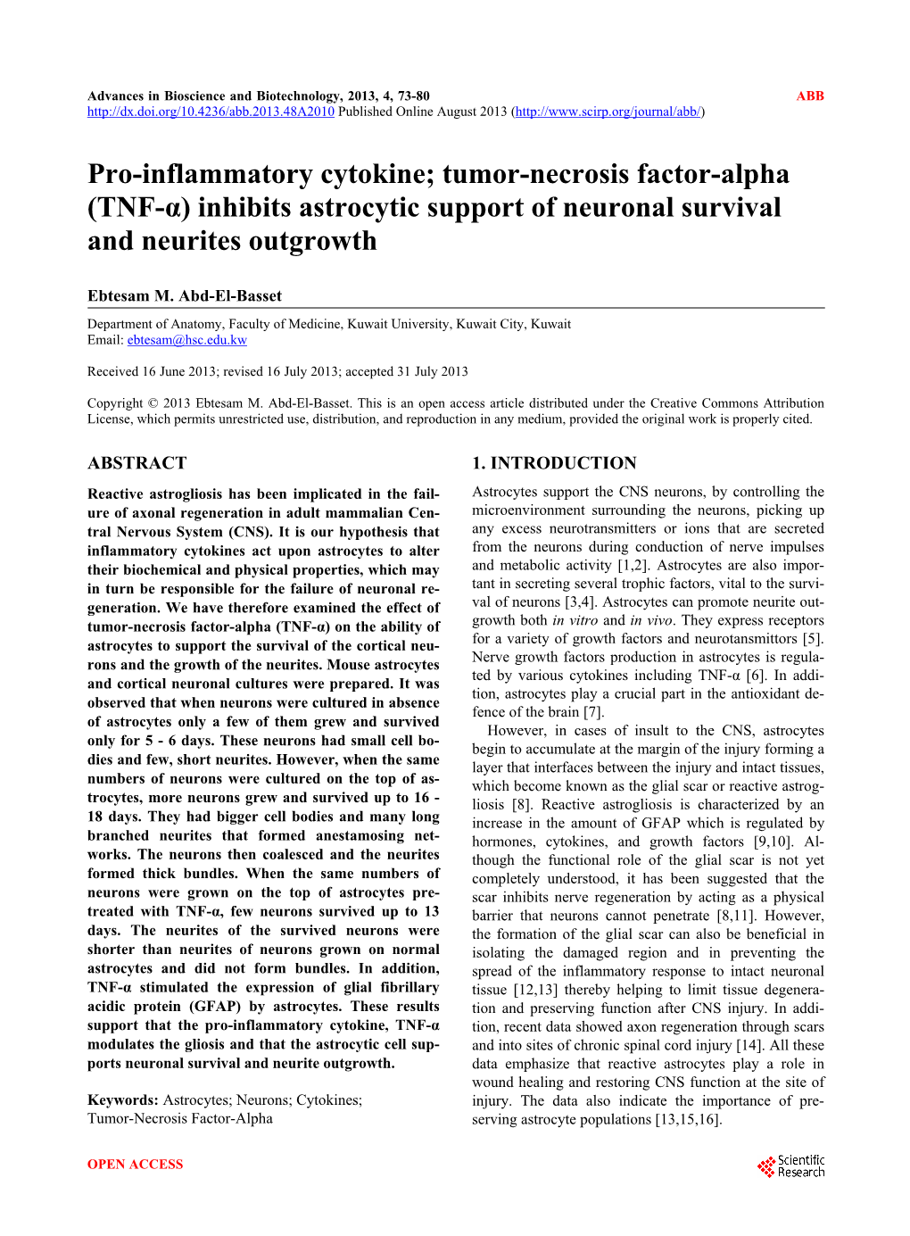 (TNF-Α) Inhibits Astrocytic Support of Neuronal Survival and Neurites Outgrowth