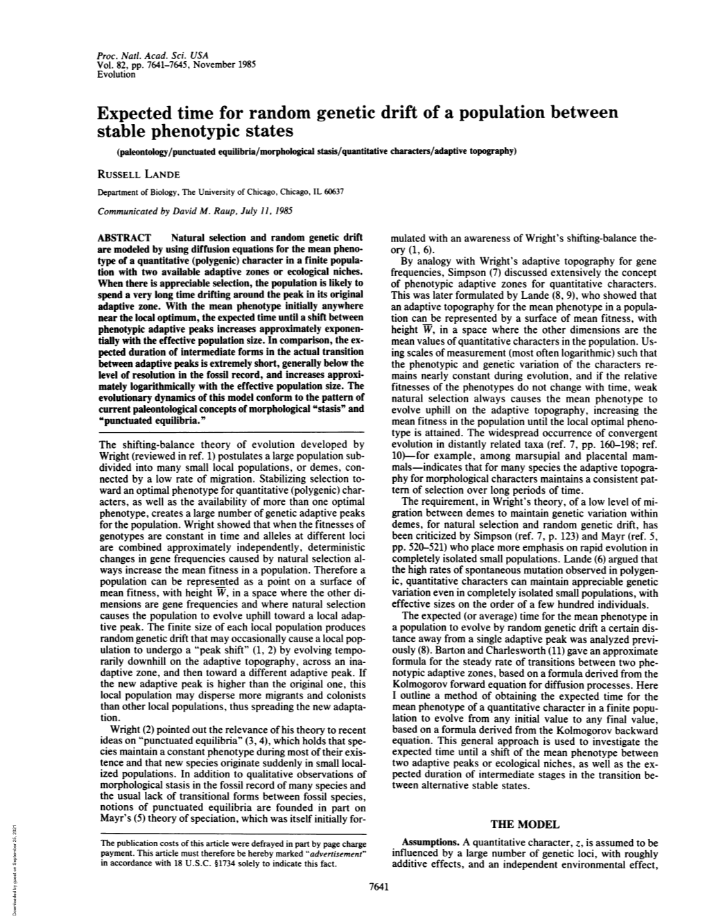 Expected Timefor Random Genetic Drift of a Population Between Stable