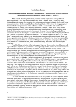 Translation and Revolution: the Case of Guglielmo Pepe’S Relazione Delle Circostanze Relative Agli Avvenimenti Politici E Militari in Napoli, Nel 1820 E Nel 1821
