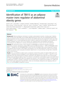 Identification of TBX15 As an Adipose Master Trans Regulator of Abdominal Obesity Genes David Z