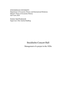 Stockholm Concert Hall Management of a Project in the 1920S