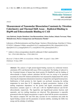 Measurement of Nanomolar Dissociation Constants by Titration Calorimetry and Thermal Shift Assay – Radicicol Binding to Hsp90 and Ethoxzolamide Binding to CAII