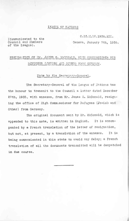 ISAGUE Off HATIONS C.13.M.12.1936.XII. (Communicated, to the Council and Members Geneva, January 7Th, 1936. of the League). RESI