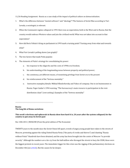11/26 Reading Assignment. Russia As a Case Study of the Impact of Political Culture on Democratization