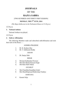 JOURNALS of the RAJYA SABHA (TWO HUNDRED and THIRTY FIRST SESSION) MONDAY, the 9TH JUNE, 2014 (The Rajya Sabha Met in the Parliament House at 12-30 P.M.) 12-30 P.M