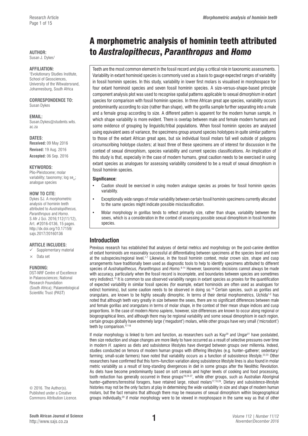 A Morphometric Analysis of Hominin Teeth Attributed to Australopithecus